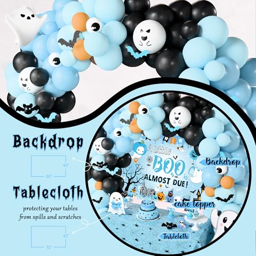 Halloween Baby Shower Decorations Boy - Blue & Black Party Set with Balloons, Backdrop & Cake Toppers