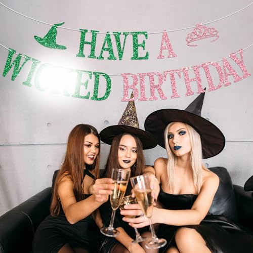 Wicked Birthday Banner Witch Theme Party Decorations Pink Green Glitter Sign
