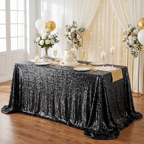 Black Sequin Tablecloth 90x132 Inch for Party & Wedding Decor - Glitter Linen