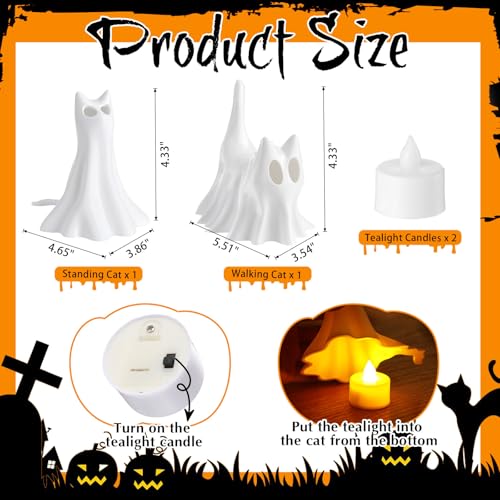 Halloween Ghost Cat LED Figurines Set - Spooky Tabletop Decor with Amber Glow