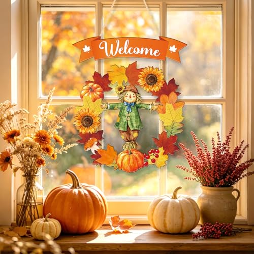 Wooden Fall Welcome Door Hanging Wreath Decor - Scarecrow Design