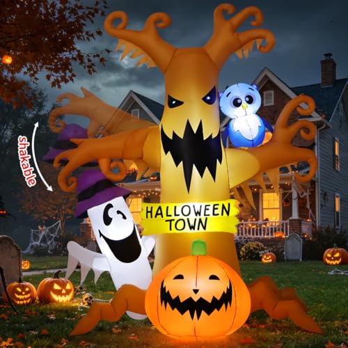 8 FT Halloween Inflatable Dead Tree Decoration with Owl Ghosts Pumpkins & LED Lights - Movable
