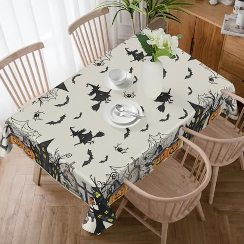 Halloween Tablecloth 60×84 Inch Rectangular Witch Spiderweb Pumpkin Fest Water-Resistant Fabric