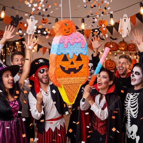 Large Halloween Pumpkin Piñata - Orange Ice Cream Cone Decoration, 21 Inch