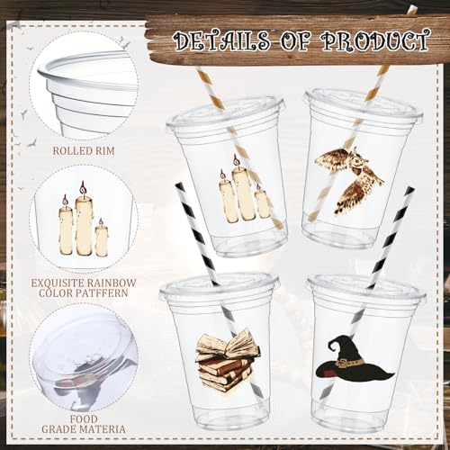 Wizard Themed Disposable Plastic Cups 12 oz Set of 50 with Lids & Straws - Gold & Black Variation