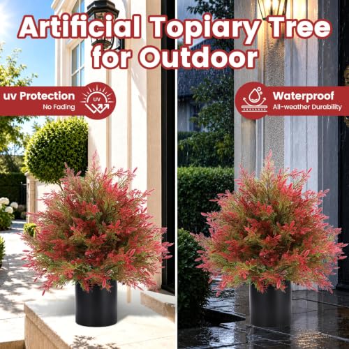 Artificial Fall Cedar Topiary Trees in Pot - Red & Green, 2 Pack Outdoor Faux Shrubs