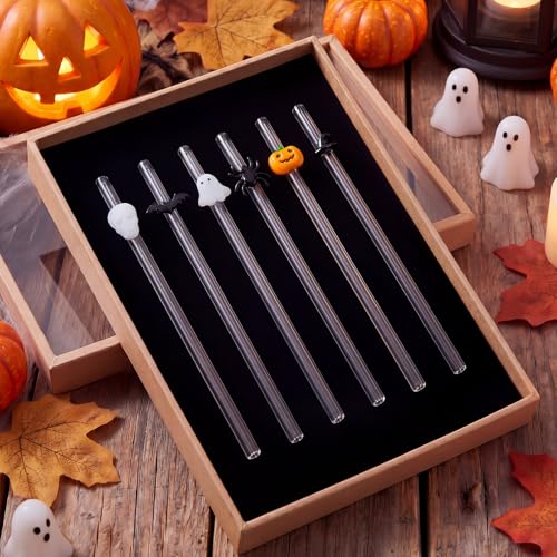 Halloween Reusable Glass Drinking Straws - Spider Ghost Pumpkin Bat Design, 6 Pack
