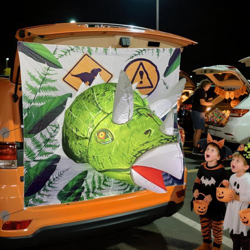 Halloween Trunk or Treat Inflatable Car Decor - Triceratops Theme with LED Lights - Outdoor Party Accessory