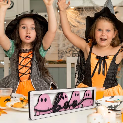 Pink Halloween Ghost Wooden Sign - Spooky Indoor Decor for Fireplace & Shelf