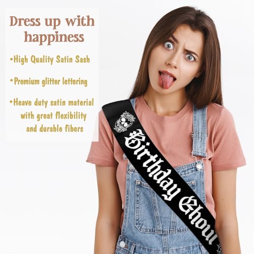 Halloween Birthday Sash with Glitter Lettering - Black Gothic Party Accessory