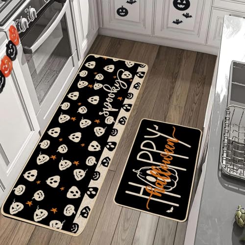 Halloween Pumpkin Kitchen Rugs Set of 2 - Spooky Pumpkins, 17x29 & 17x47 Inches