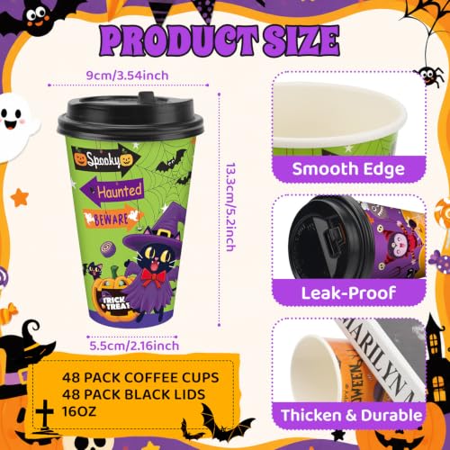 Halloween Disposable Coffee Cups 16oz with Lids - 48 Pack, Spooky Designs