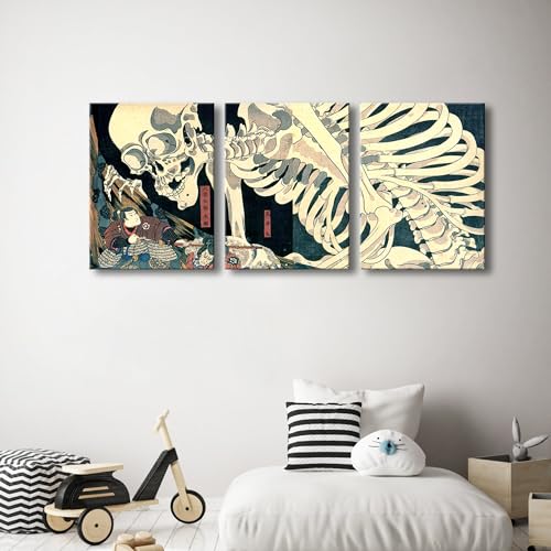 Witch and Skeleton Ukiyo-E Canvas Wall Art Set - 12x16 Inches Unframed - Home Decor