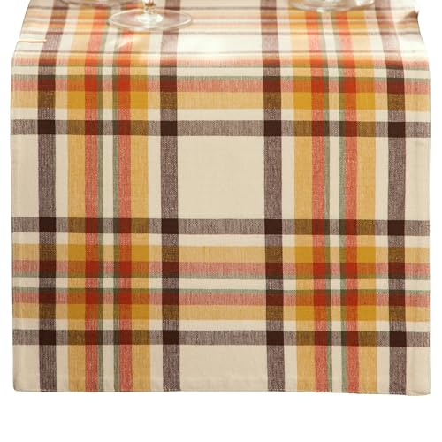 Woven Plaid Table Runner - Fall Harvest Cotton Decor, 13x70 Inches