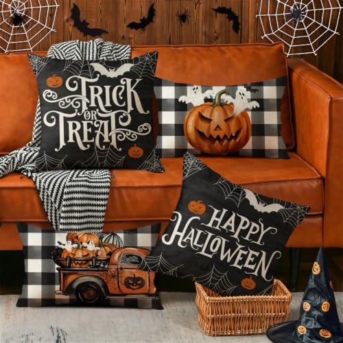 20x12 Inch Halloween Throw Pillow Covers Set of 4 Spooky Bat Spider Web Pumpkin Decor