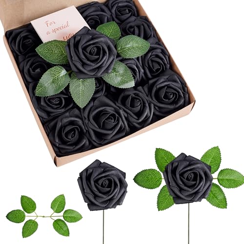 Artificial Black Roses Foam Flowers - 16 Pcs, DIY Floral Decor, Adjustable Stems, Gift Set