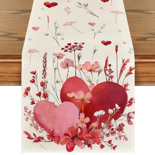 Artoid Mode Love Hearts Valentine's Table Runner 13x60 Inch Beige Home Decor