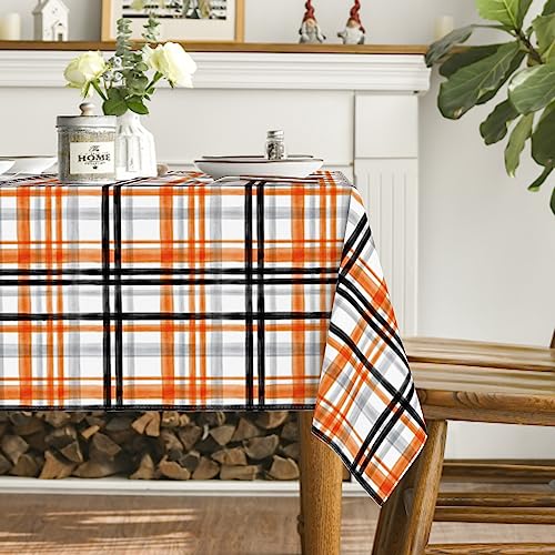 Halloween Tablecloth 60x84 Inch Rectangular Fall Orange Buffalo Plaid Washable Table Cover