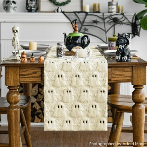 Beige Faux Fur Ghost Halloween Table Runner 13x72 Inch - Soft & Durable