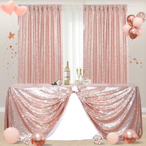 Rose Gold Sequin Tablecloth 50x72 Inch & Backdrop Curtains 2 Pack for Events