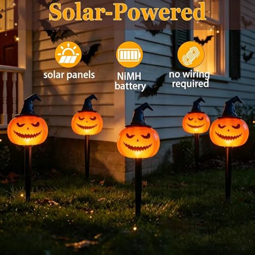 Halloween Solar Pumpkin Stake Lights with Witch Hat - Orange, IP65 Waterproof, Garden Pathway Decor
