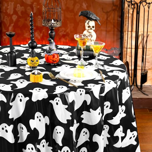 Halloween Ghost Tablecloths 84 Inch Round White Black Ghost Pattern - Pack of 6