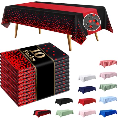 10 Pack Black and Red Disposable Tablecloths 54x108 Inches for Party Events