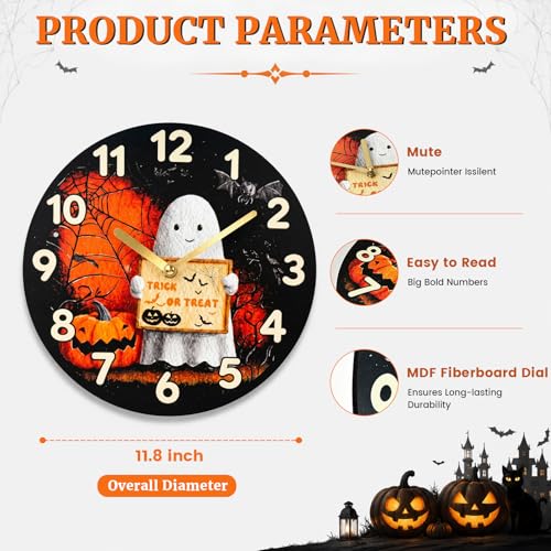 Halloween Ghost Wall Clock - 12 Inch Spooky Silent Decor with Trick or Treat Design - Ghost Variation