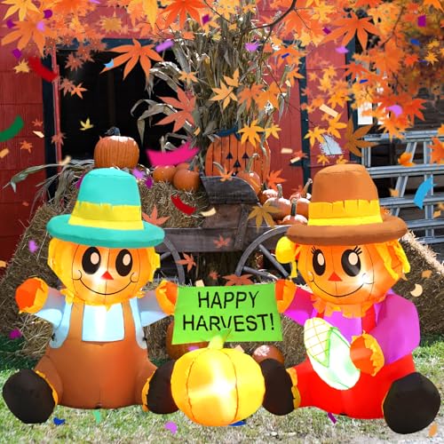 6 FT Fall Inflatable Scarecrow and Pumpkin Outdoor Decor - Built-in LED Lights