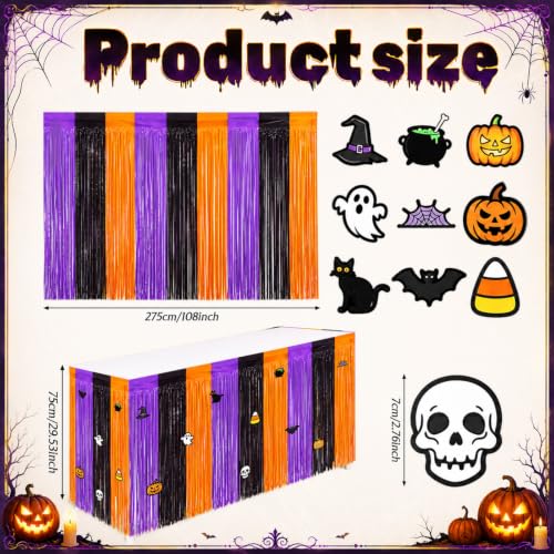 Halloween Foil Fringe Table Skirts Set - 4 Pack, Black, Orange & Purple, 108 Inch
