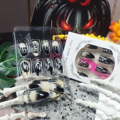 Halloween Skull Medium Almond False Nails - Dead Heart Design, 24Pcs, Glossy Black Rose Style - Variation 39