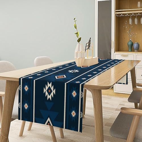 13x36in Dark Blue Boho Tribal Table Runner - Native American Ethnic Decor