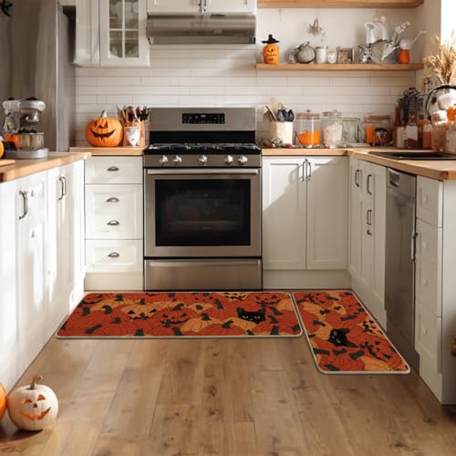 Cat Halloween Kitchen Mats Set of 2 - Non-Slip Decorative Floor Protectors