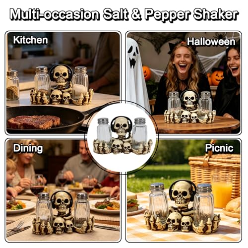 Halloween Skeleton Salt and Pepper Shaker Set - Gothic Kitchen Decor, Skeleton Holder
