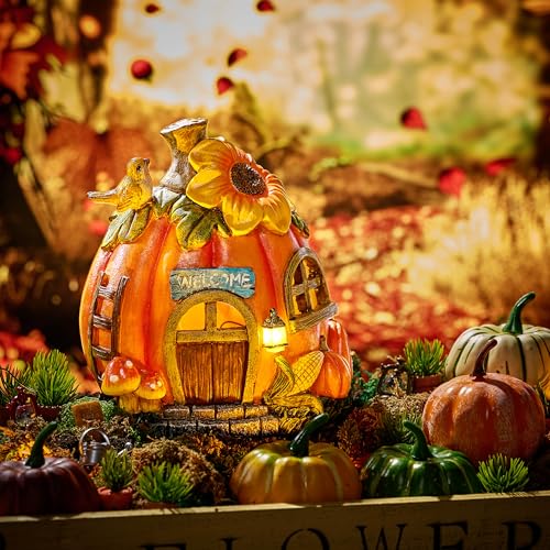Fall Garden Fairy House with LED Lights - Harvest Autumn Figurine & Gift