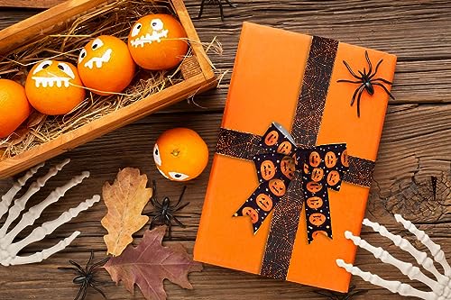 Halloween Fabric Ribbons with Spider Web Pumpkins Black & Gold Wired Decor Set - 5 Yards
