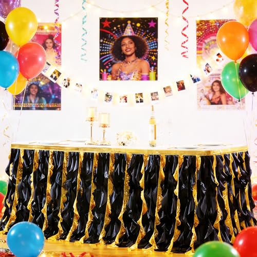 Black Gold Sequin Table Skirt for 72x30 Inch Rectangle Tables - 6ft Tutu Fringe Decor