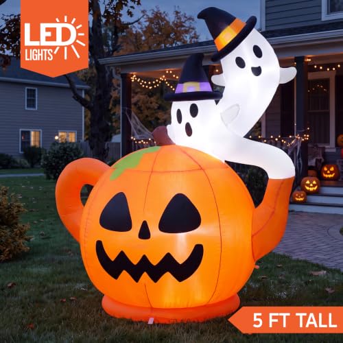 Halloween Inflatable Pumpkin Teapot with Ghosts, Lighted Yard Decor, 5ft Tall