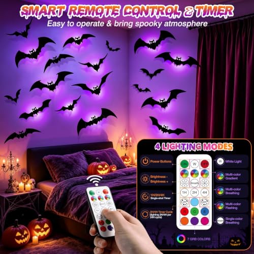 Halloween Bat Decorations Set with Rechargeable Lights - Black, 48 Bats + 12 Lights