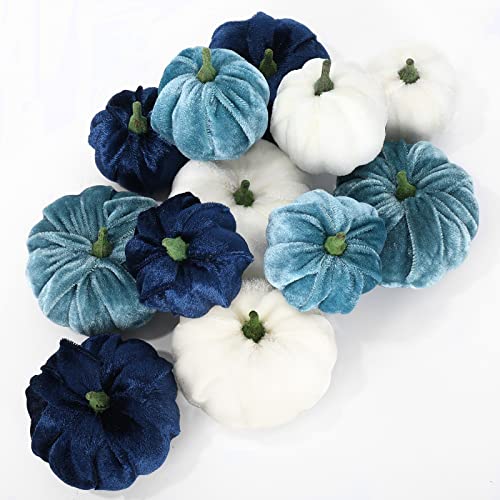 Blue White Velvet Artificial Pumpkins Set of 12 Fall Thanksgiving Decor - 2 Sizes