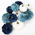 Blue White Velvet Artificial Pumpkins Set of 12 Fall Thanksgiving Decor - 2 Sizes