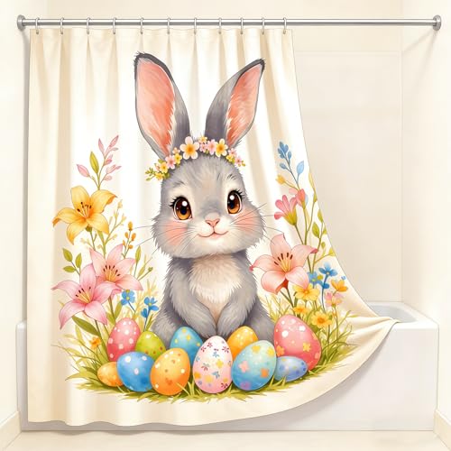 Multicolor Easter Shower Curtain Set - 72x72 Inch Waterproof Bunny & Flowers Bathroom Decor