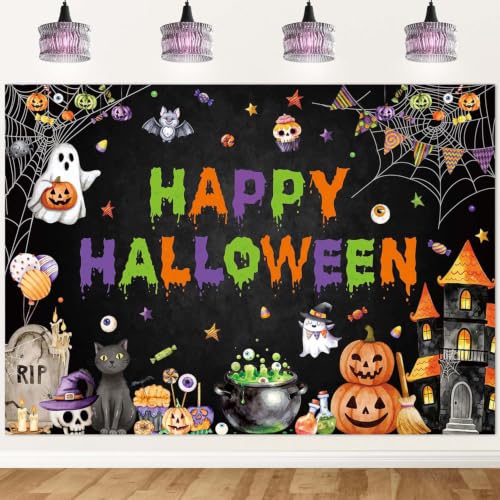 Halloween Photo Backdrop 7x5FT Spooky Pumpkins Ghosts Haunted House Banner - Vinyl Halloween Decoration