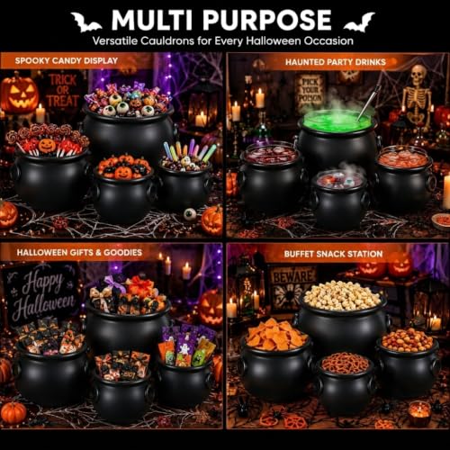 Black 4-Piece Halloween Witch Cauldron Bucket Set - 12, 10, 8 & 6 Inch Sizes