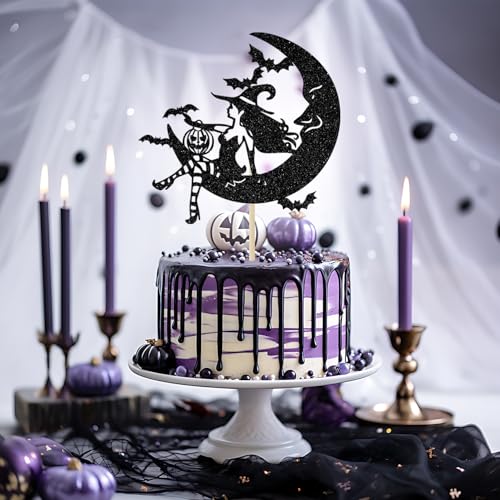 Witch Cake Topper for Halloween Party & Birthday Decor - Black Glitter