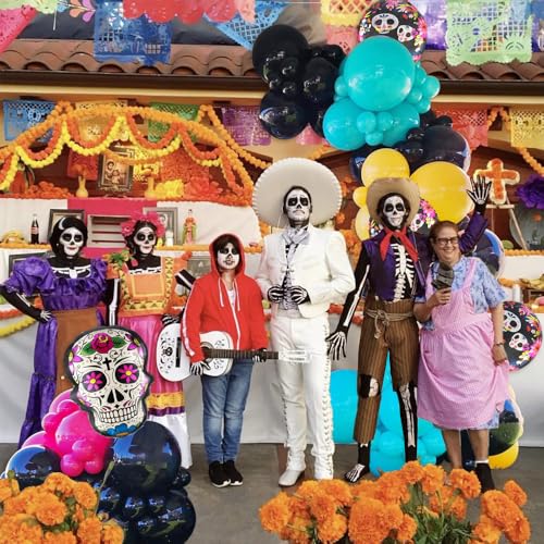 Day of the Dead Balloon Arch Kit with Skull Foil Balloons - Black, Blue, Red, Yellow