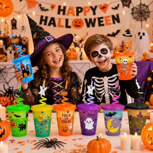 16 Pack Halloween Color Changing Kids Cups with Lids & Straws - 16oz Reusable Party Tumblers
