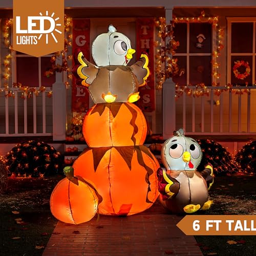 6 FT Thanksgiving Inflatable Stacking Pumpkin Turkey with Built-in LEDs - Outdoor Yard Decor