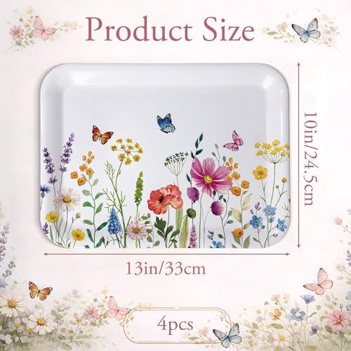 4-Pack Wildflower Melamine Serving Trays - Rectangular Floral Platters for Parties & Home Decor