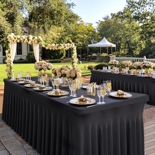 Black Spandex Fitted Rectangle Tablecloth 8ft - 4 Pack, Wrinkle-Free, Stretch Fit